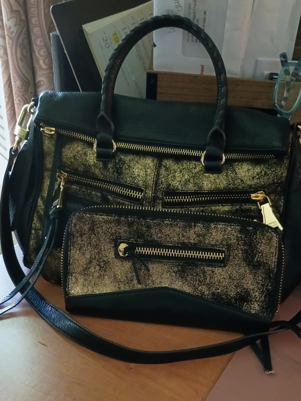 *NEW PRICE*Aimee Kestenberg Black and Gold Metallic Accent Satchel with Wristlet